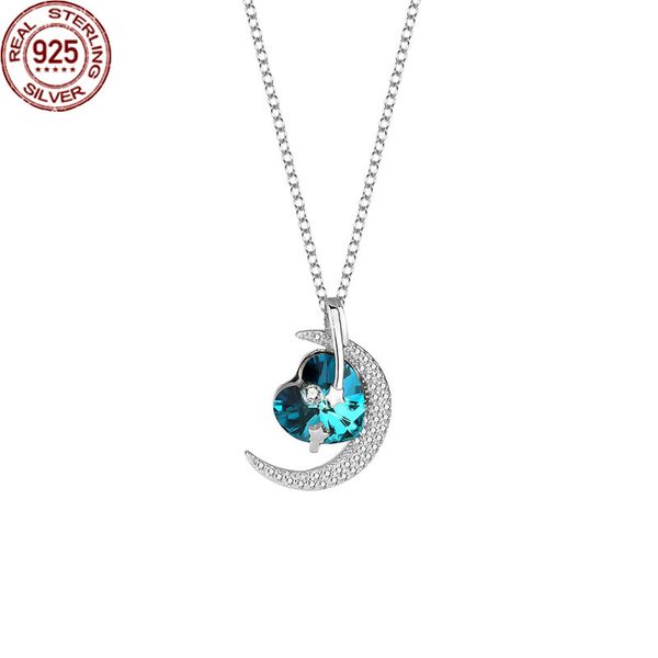

s925 sterling silver necklace women's exquisite austrian crystal heart-shaped moon simple pendant temperament collarbone chain head jew