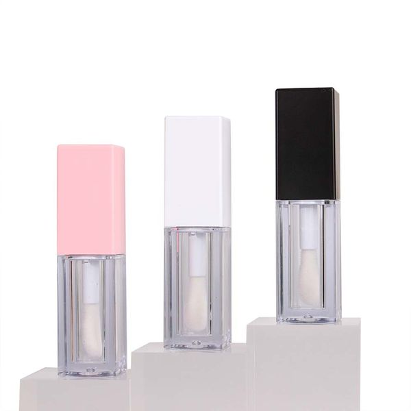 Tube carré Transparent de rouge à lèvres de 5ml, bouteilles d'emballage cosmétique, grand pinceau, récipient d'huile liquide pour lèvres, blanc et noir