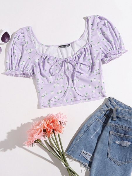 

puff sleeve tie front ditsy floral d0fj#, White