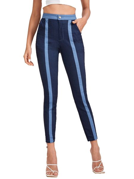 

x audrey ion high waist colorblock striped skinny pants b11b#, Black;white