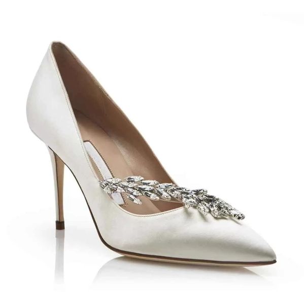 

nadira satin jewel buckle dress sandals shoes stiletto high heel pointed toe lady pumps women's crystal leaf embellishment party weddin, Black