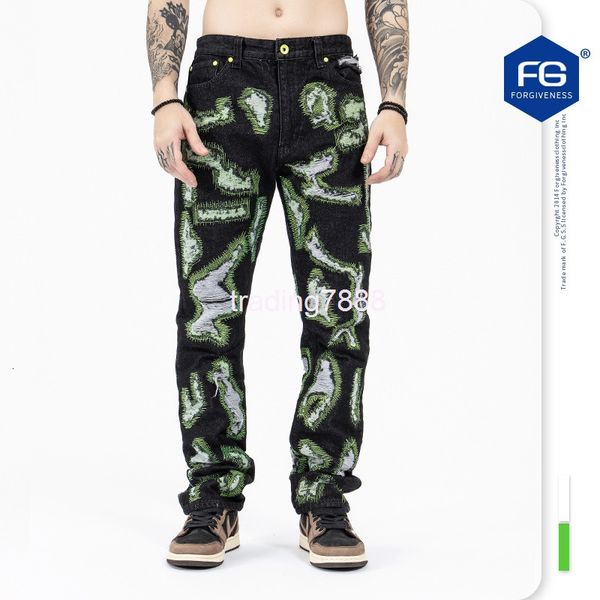 

men's t-shirts fg men's wear | high street fashion brand english embroidery holes and ragged damage cowboy pants xiex, White;black
