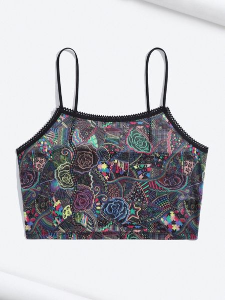 

x creative carrah floral print lace trim mesh cami s6hl#, White