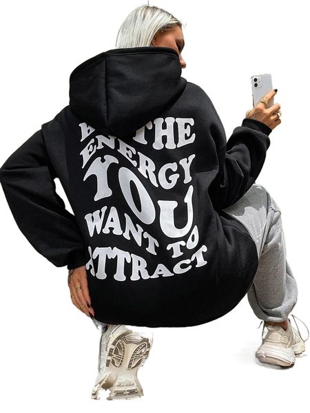 

slogan graphic kangaroo pocket drawstring hoodie 36io#, Black