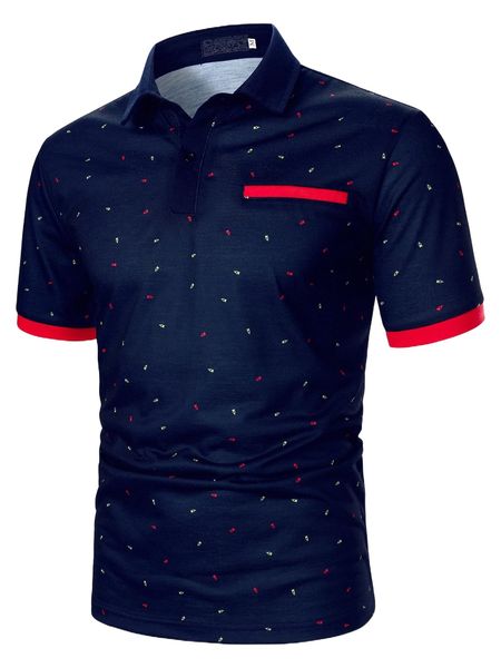 

men contrast trim all over print polo shirt q9a3#, White;black