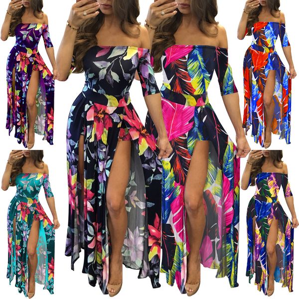 

2022 summer s-5xl floral print siamese long dress for women strapless split beach style maxi dresses s3074, Black;gray