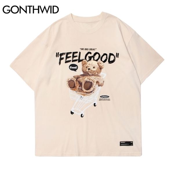 

gonthwid short sleeve tees harajuku streetwear toy bear shopping cart print t-shirts cotton casual hip hop loose tshirts 220402, White;black