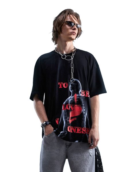 

romwe goth guys letter figure graphic oversized tee k8yp#, White;black