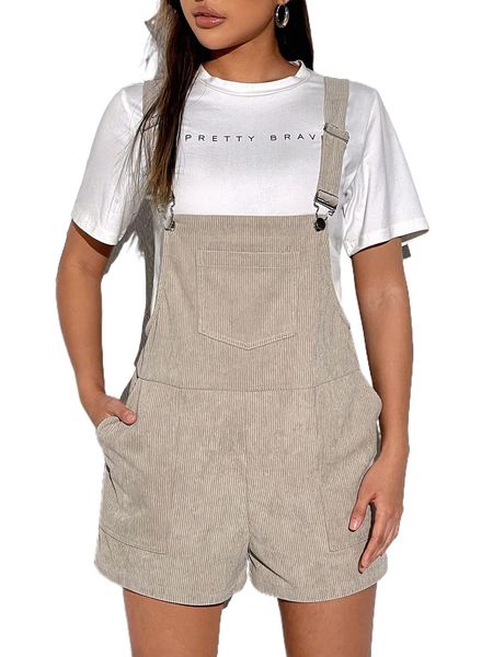 

1pc patched pocket corduroy overall romper r2ee#, Black;white