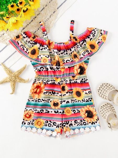 

toddler girls leopard & sunflower print cold shoulder ruffle trim romper she, Blue