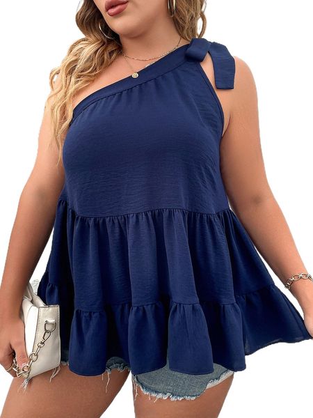 

plus tie one shoulder peplum blouse n8ai#, Black