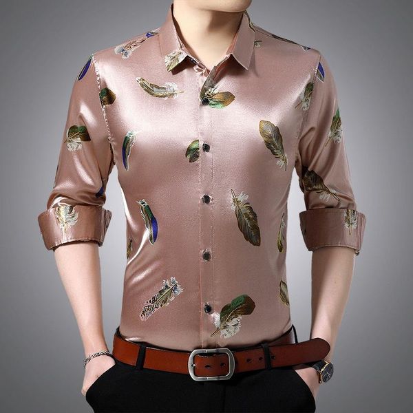 Мужские повседневные рубашки мужская шелковая одежда мода печатать атласная мужская рубашка с длинными рубашками