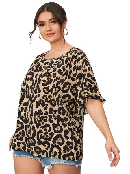 

plus leopard print flounce sleeve k4f4#, Black