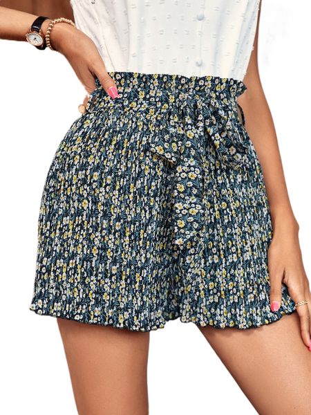 

ditsy floral paperbag waist belted wide leg shorts k4zf#, White;black