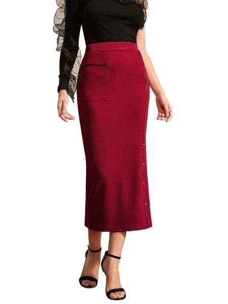 

fake button patched pocket slit back pencil skirt u3ii#, Black