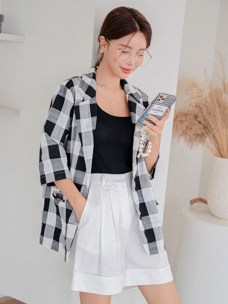 

dazy buffalo plaid lapel neck blazer z5g3#, White