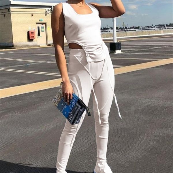 

nibber 2 piece sets womens outfits solid color sleeveless paneled fringe cropped high waist paneled sports skinny leggings 220602, Gray