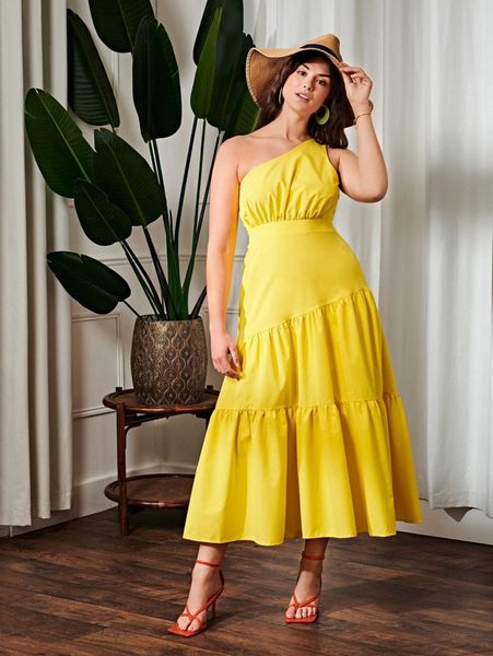 

plus solid ruffle hem one shoulder dress a6ef#, Black