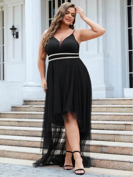 

ever-pretty plus contrast tape high low hem mesh cami dress s357#, Black