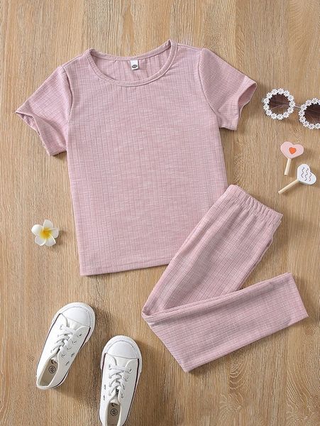 

toddler girls rib knit textured tee & pants she, White