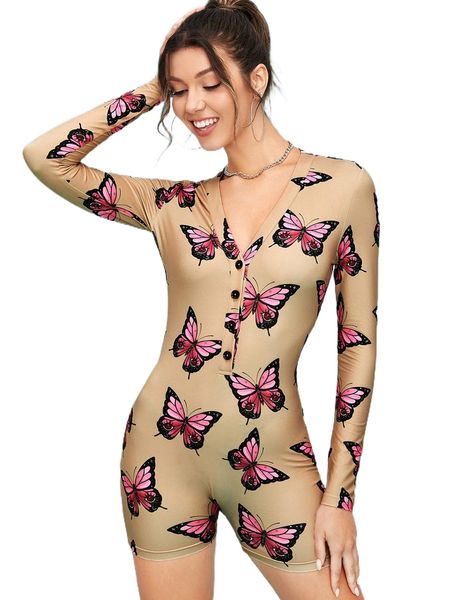 

x madujune butterfly print half button unitard romper j3vx#, Black;white