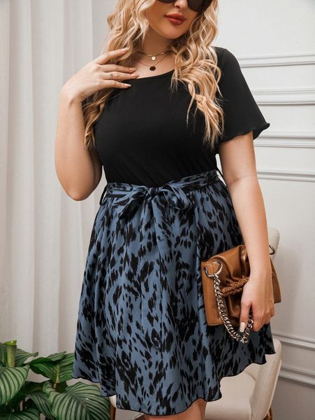 

plus graphic print belted dress a6a3#, Black