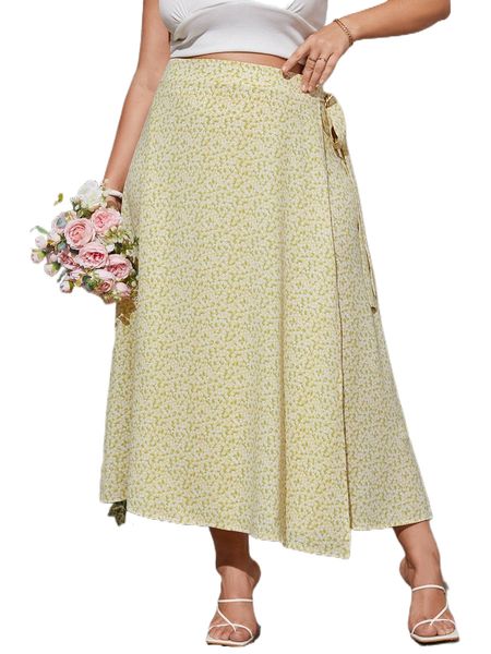 

plus ditsy floral tie side wrap skirt 9410#, Black