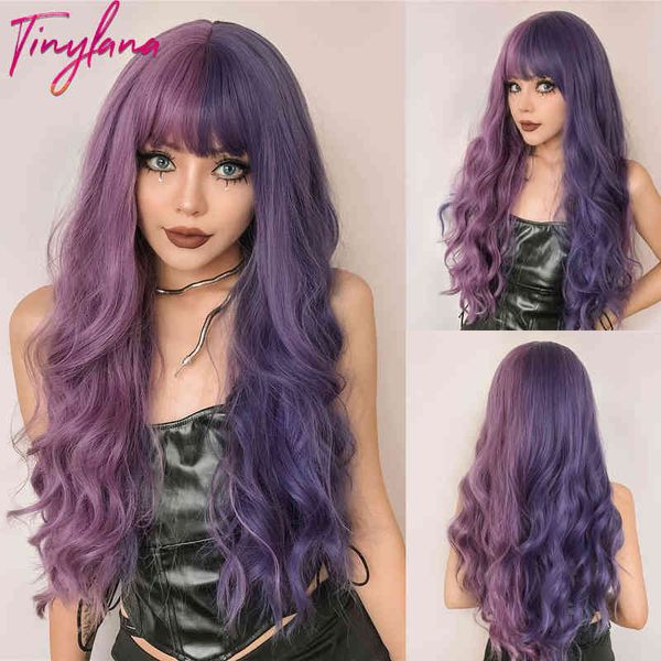 

purple long wavy synthetic wig with bangs cosplay christmas halloween hair two tone ombre for women deep wave heat resistant 220622, Black