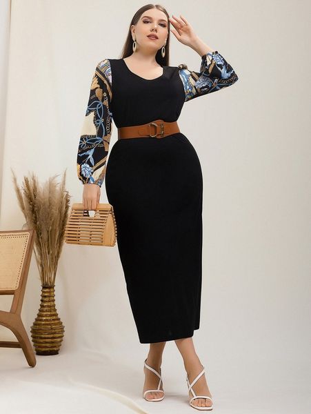 

plus chain print lantern sleeve split back dress h69p#, Black