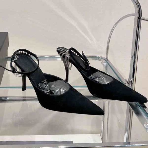 

dress shoes family early spring metal pointed chain high heels women's banquet shallow mouth thin heel back empty single shoes, Black
