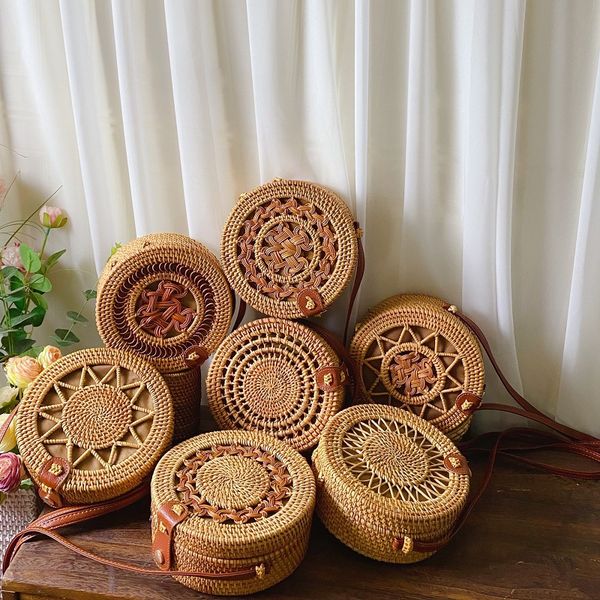 

handwoven round rattan bag rattan bags for women handmade wicker woven purse handbag circle boho bag bali 18188cm