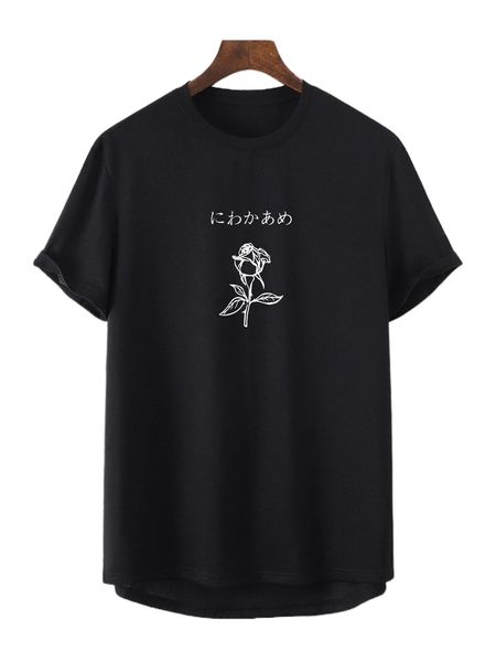 

men japanese letter & rose print high low hem tee d46z#, White;black