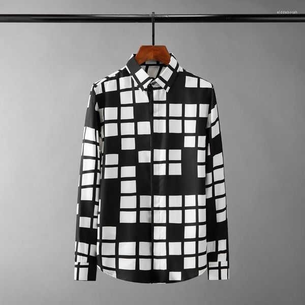 Camicie casual da uomo Minglu Plaid in bianco e nero Maschile di lusso a maniche lunghe Stampato Abito da uomo Moda Slim Fit Camicie da uomo da uomo Eldd22