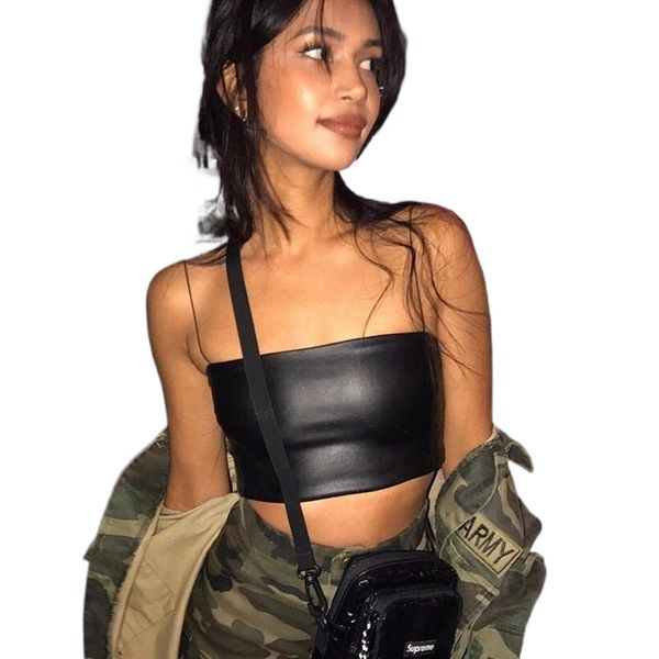 

women's tanks & camis fashion tank club pu leather camisole solid sleeveless crop black v5rg#, White