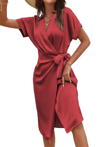 

solid batwing sleeve wrap satin dress x5n5#, Black;gray