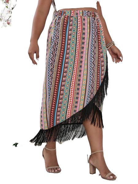 

women's plus size pants geo print fringe trim asymmetrical hem skirt o6em#, Black