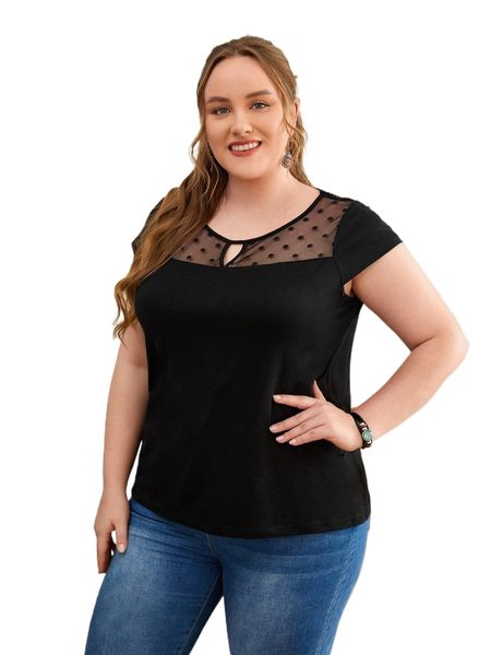 

emery rose plus contrast dobby mesh keyhole neck tee q0ag#, Black