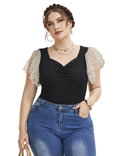 

plus contrast polka dot mesh butterfly sleeve ruched bodysuit z2t4#, Black