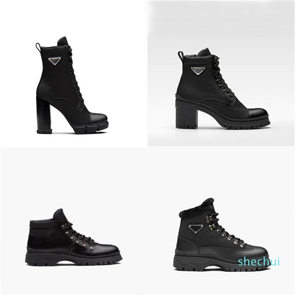 

2025 Designer Brushed leather and nylon laced booties Women Ankle Boots Winter Biker Boot Australia Booties, Black