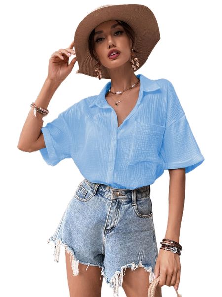 

roll up sleeve pocket front textured knit blouse s8tk#, White