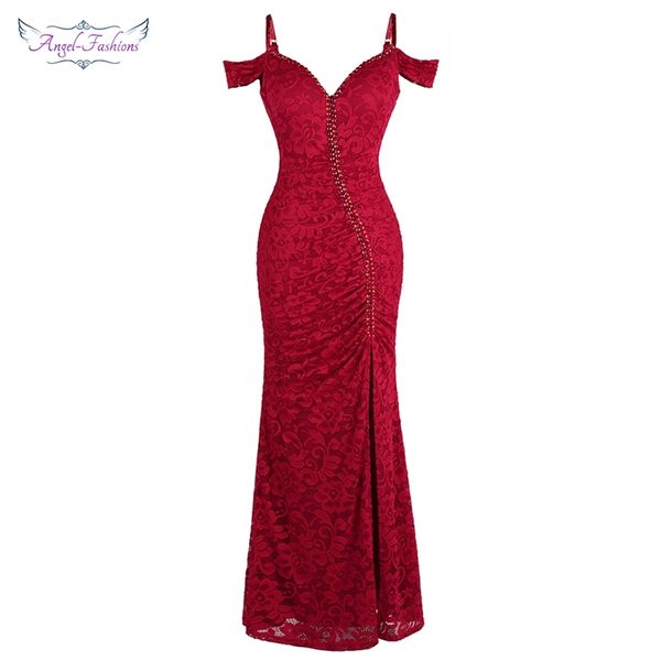 

angelfashions women's robe de soiree boat neck pleat lace beading split mermaid long red party dress 425 200 201114, White;black
