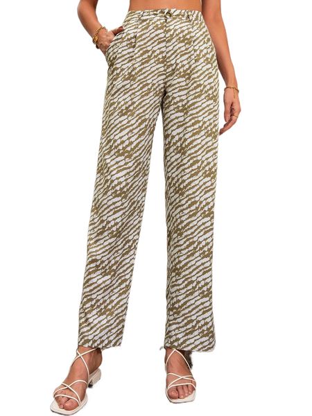 

allover print straight leg pants t55b#, Black;white