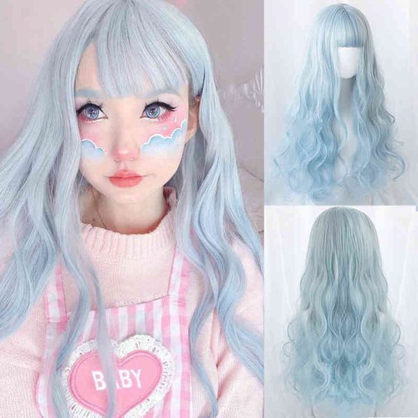 

long wavy curly hair synthetic wig pink green gradient girl bangs lolita cosplay with heat-resistant w 220622, Black