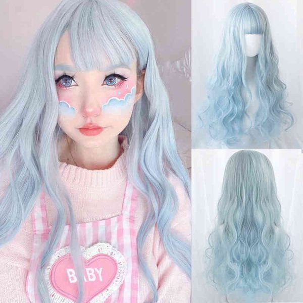 Parrucca sintetica per capelli ricci lunghi ondulati Rosa verde sfumato Ragazza frangia Lolita Cosplay con resistente al calore w 220622