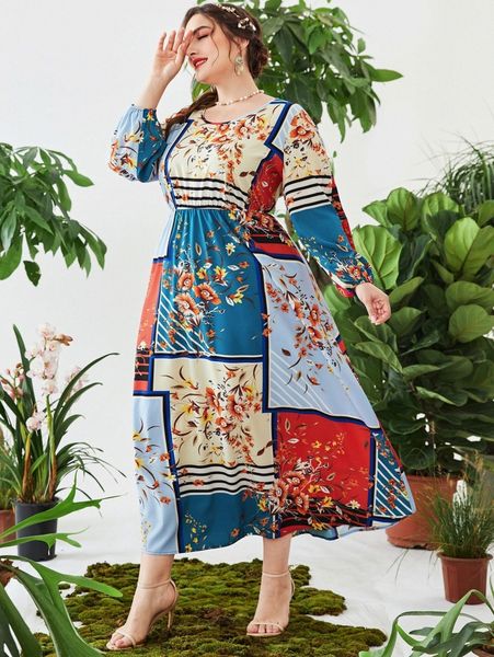 

plus floral scarf print lantern sleeve dress h6hd#, Black