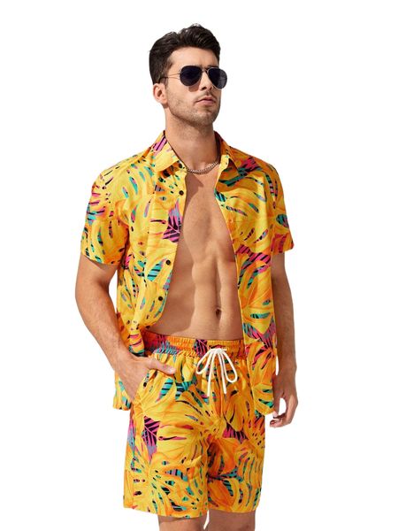 

men tropical print shirt & drawstring waist shorts f9yp#, White;black