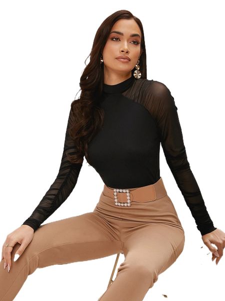 

stand collar contrast mesh g0w2#, White