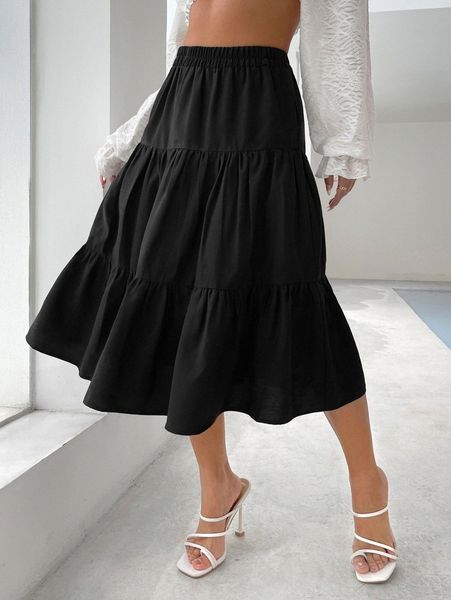 

elastic waist ruffle hem flare skirt y3jp#, Black