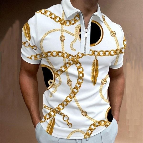 

summer men polo shirts high street print casual short sleeve mens shirts turn-down collar zipper polo shirt men 220421, White;black