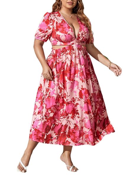 

plus allover floral print plunging neck tie back a-line dress i2a5#, Black